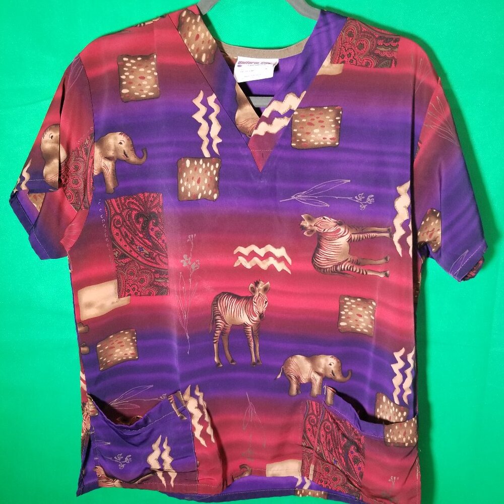 Uniform City‎ Size Small Safari Scrub Top Elephant Zebra Colorful Nurse Hospital